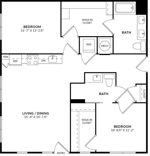Floor plan for 2 beds, 2 baths, 1225 sqft