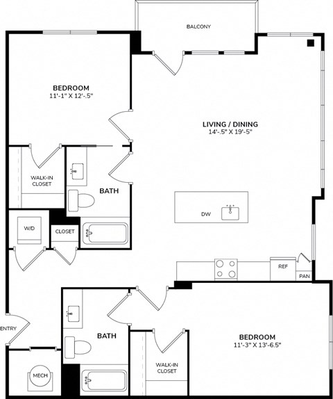 Floor plan for 2 beds, 2 baths, 1231 sqft