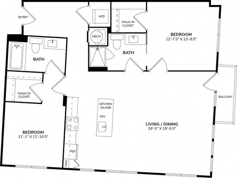 Floor plan for 2 beds, 2 baths, 1376 sqft