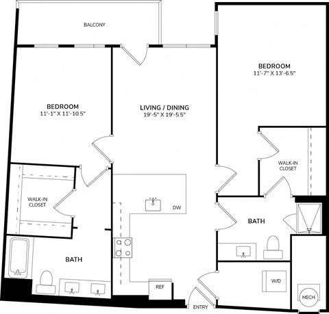 Floor plan for 2 beds, 2 baths, 1175 sqft
