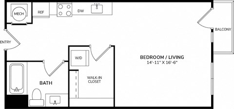 Floor plan for studio, 1 bath, 589 sqft