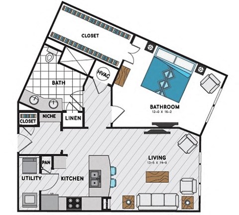 Floor plan for 1 bed, 1 bath, 902 sqft