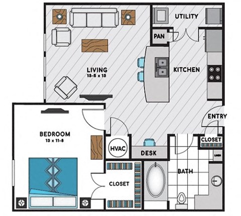 Floor plan for 1 bed, 1 bath, 640 sqft