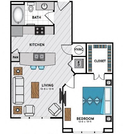 Floor plan for 1 bed, 1 bath, 683 sqft