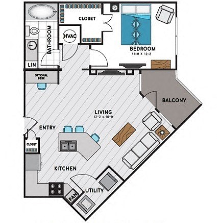 Floor plan for 1 bed, 1 bath, 769 sqft