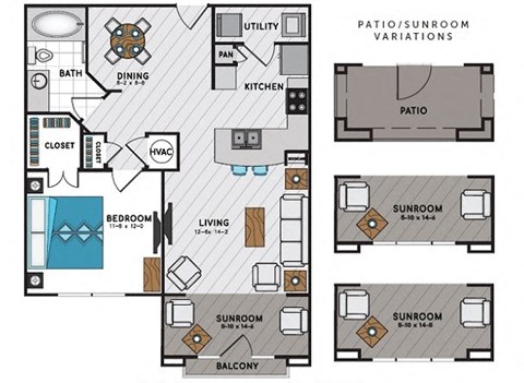 Floor plan for 1 bed, 1 bath, 859 sqft