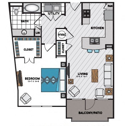 Floor plan for 1 bed, 1 bath, 868 sqft