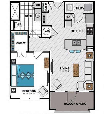 Floor plan for 1 bed, 1 bath, 780 sqft