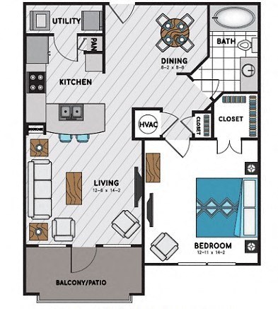 Floor plan for 1 bed, 1 bath, 810 sqft