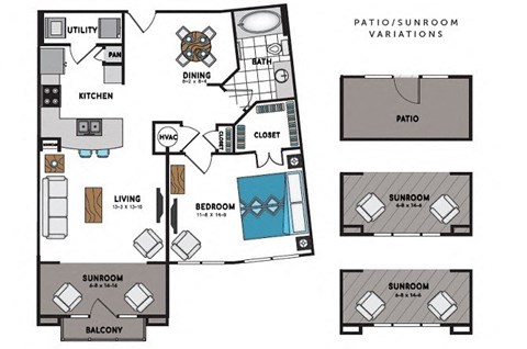 Floor plan for 1 bed, 1 bath, 899 sqft