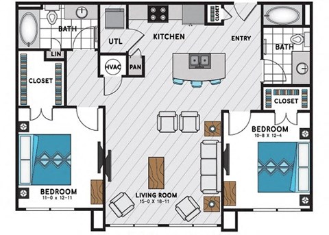 Floor plan for 2 beds, 2 baths, 1066 sqft