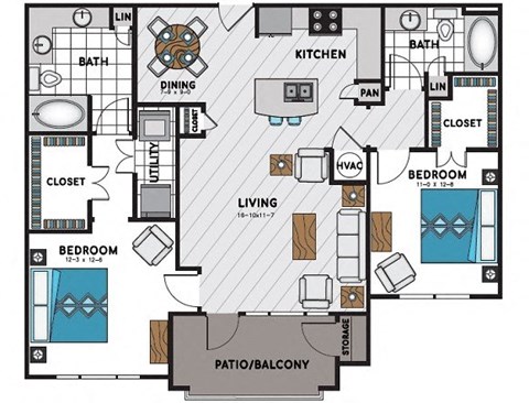 Floor plan for 2 beds, 2 baths, 1200 sqft