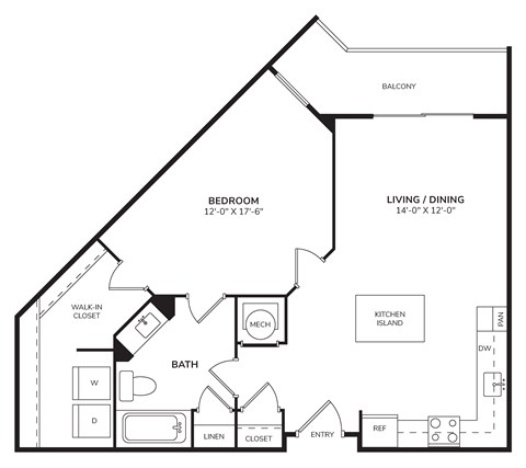 Floor plan for 1 bed, 1 bath, 750 sqft