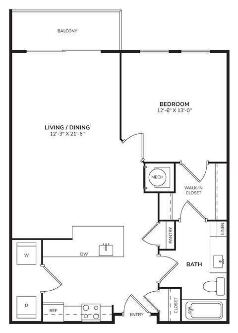 Floor plan for 1 bed, 1 bath, 805 sqft