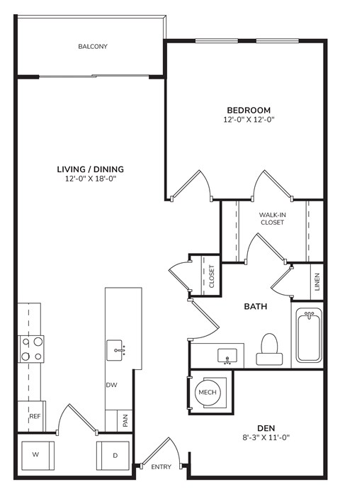 Floor plan for 1 bed, 1 bath, 840 sqft