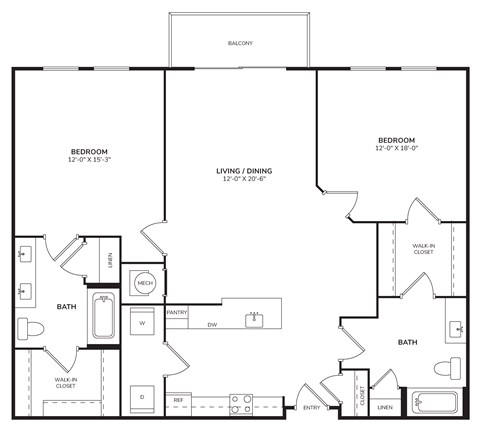 Floor plan for 2 beds, 2 baths, 1085 sqft