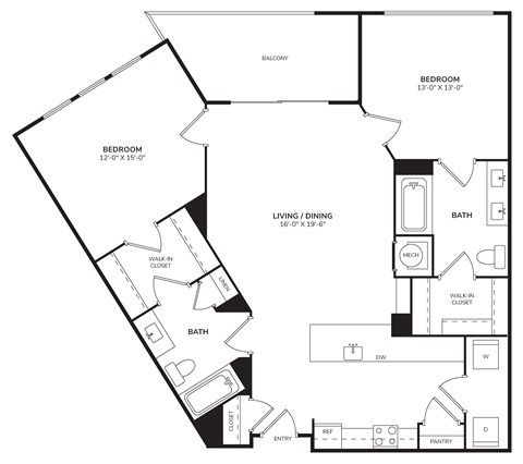 Floor plan for 2 beds, 2 baths, 1135 sqft