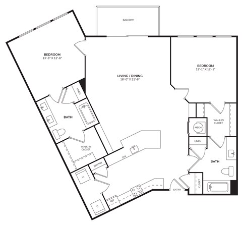 Floor plan for 2 beds, 2 baths, 1165 sqft