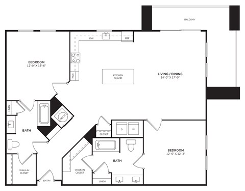 Floor plan for 2 beds, 2 baths, 1185 sqft