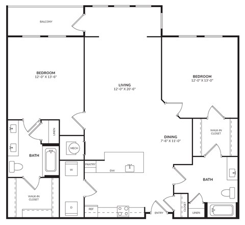 Floor plan for 2 beds, 2 baths, 1205 sqft