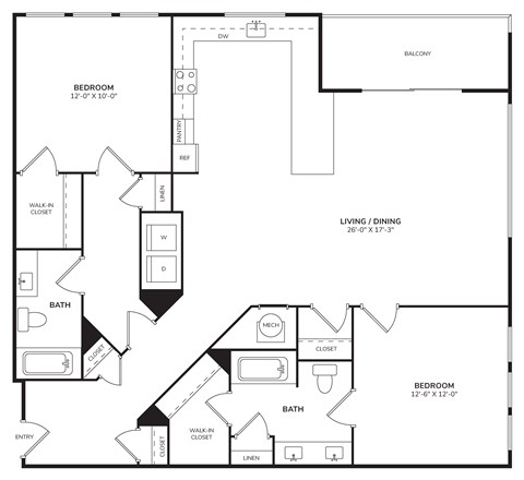 Floor plan for 2 beds, 2 baths, 1325 sqft