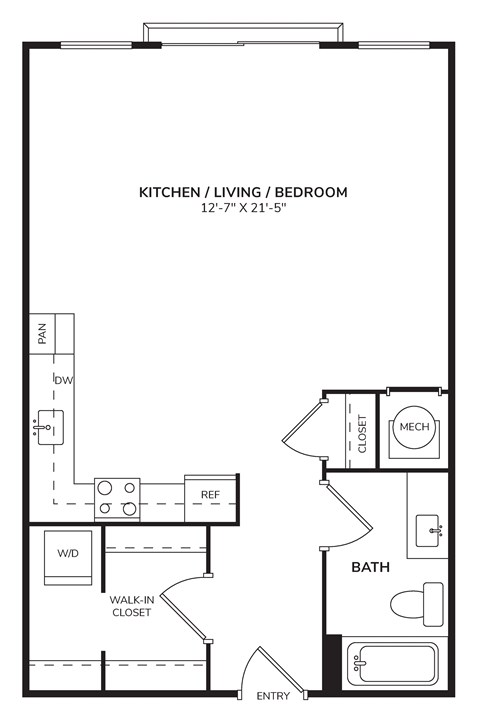 Floor plan for studio, 1 bath, 610 sqft