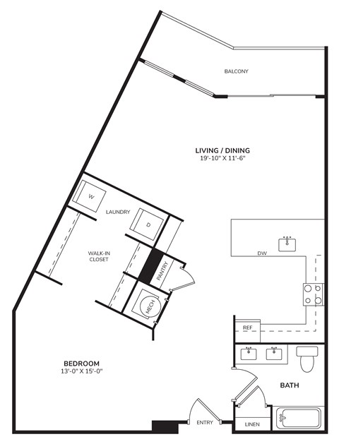 Floor plan for studio, 1 bath, 885 sqft