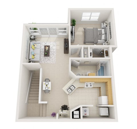 Floor plan for 1 bed, 1 bath, 955 sqft