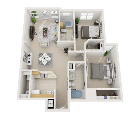 Floor plan for 2 beds, 2 baths, 1103 sqft