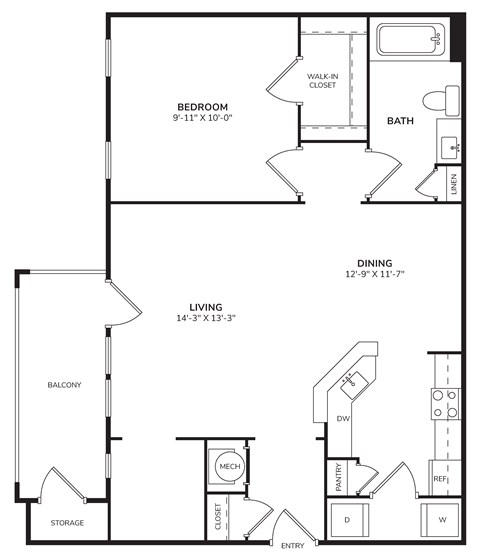 Floor plan for 1 bed, 1 bath, 928 sqft