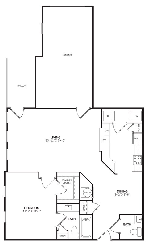 Floor plan for 1 bed, 1.5 baths, 950 sqft
