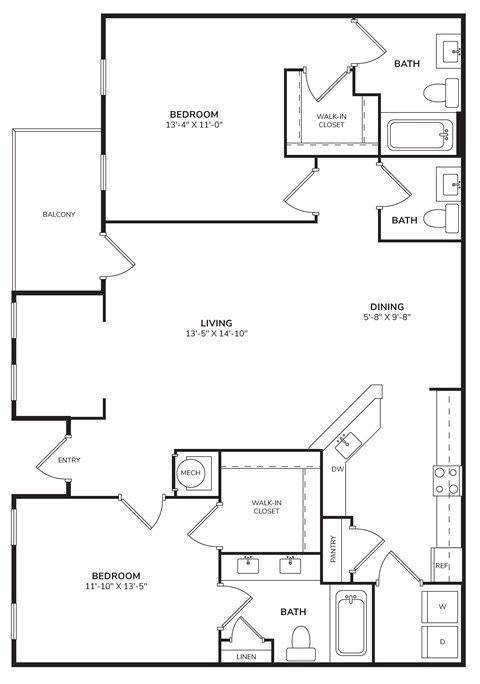 Floor plan for 2 beds, 2.5 baths, 1278 sqft