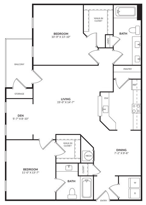 Floor plan for 2 beds, 2 baths, 1297 sqft