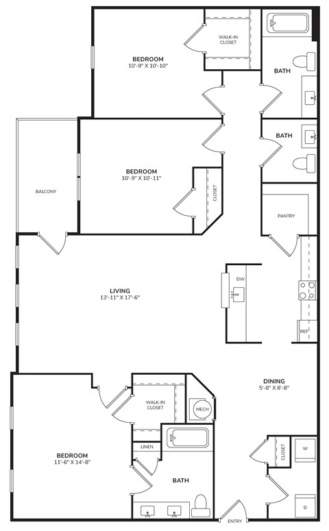 Floor plan for 3 beds, 2.5 baths, 1448 sqft