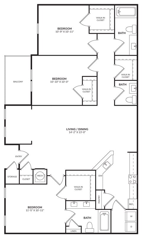 Floor plan for 3 beds, 2.5 baths, 1476 sqft