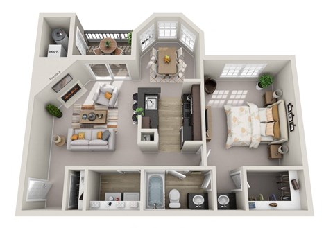 Floor plan for 1 bed, 1 bath, 821 sqft