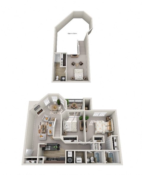 Floor plan for 2 beds, 3 baths, 1256 sqft