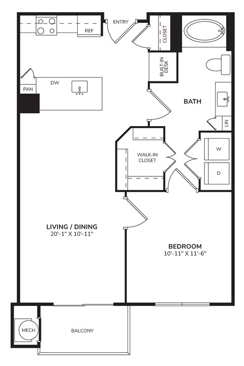 Floor plan for 1 bed, 1 bath, 714 sqft