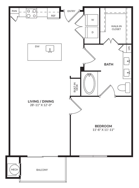 Floor plan for 1 bed, 1 bath, 752 sqft