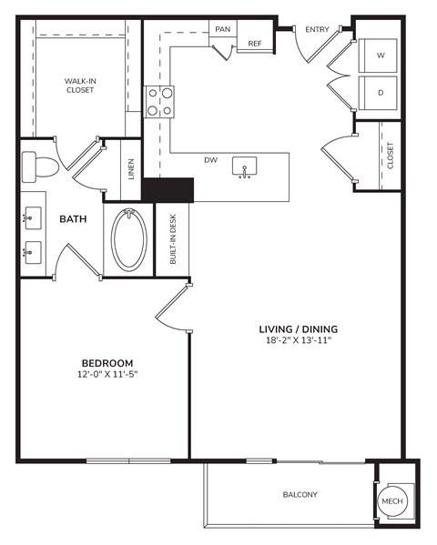 Floor plan for 1 bed, 1 bath, 839 sqft