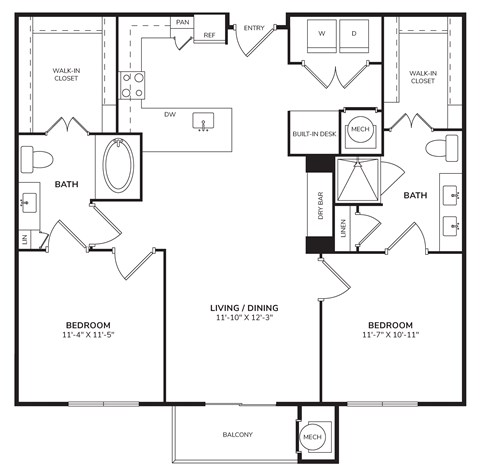 Floor plan for 2 beds, 2 baths, 1120 sqft