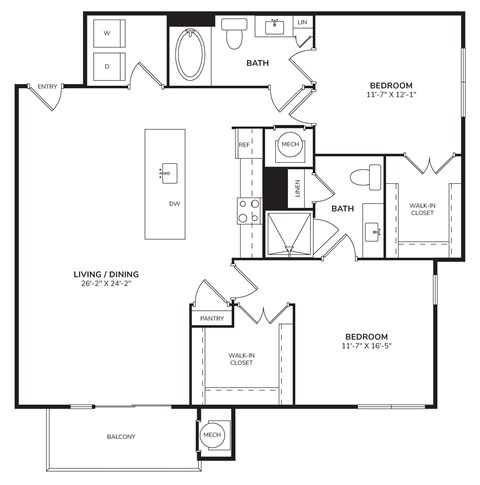 Floor plan for 2 beds, 2 baths, 1182 sqft