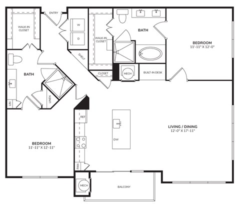 Floor plan for 2 beds, 2 baths, 1299 sqft