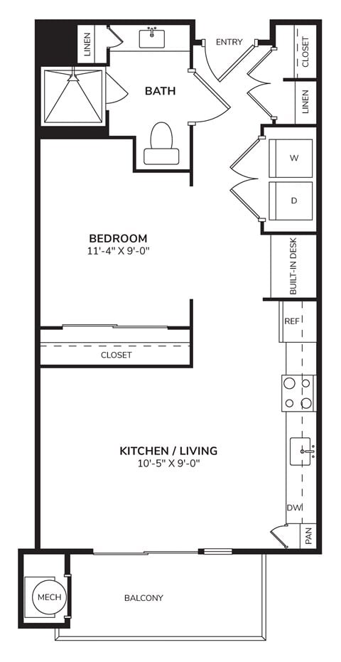 Floor plan for studio, 1 bath, 544 sqft