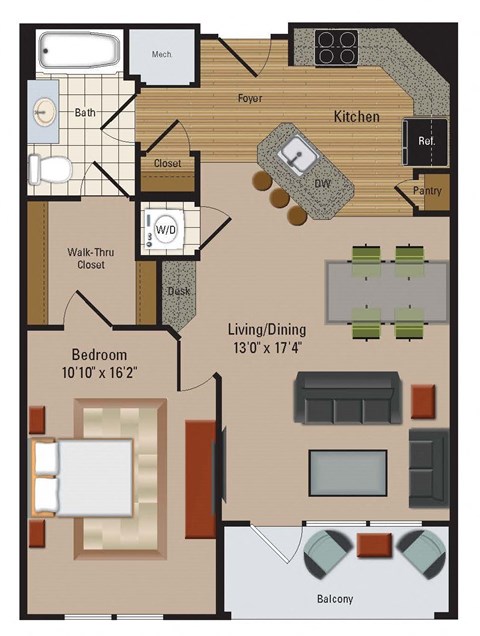 Floor plan for 1 bed, 1 bath, 759 sqft