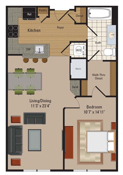 Floor plan for 1 bed, 1 bath, 768 sqft