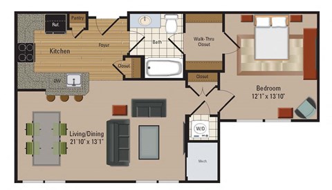 Floor plan for 1 bed, 1 bath, 769 sqft
