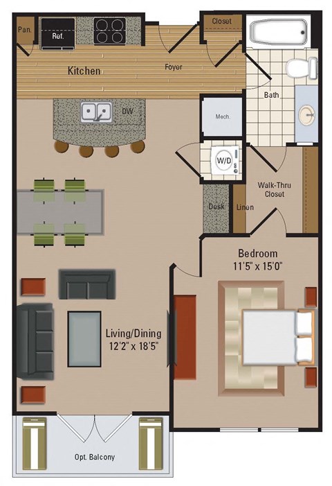 Floor plan for 1 bed, 1 bath, 776 sqft