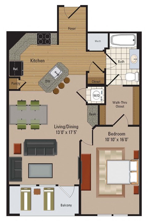 Floor plan for 1 bed, 1 bath, 785 sqft