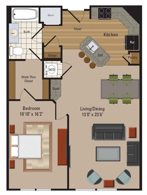 Floor plan for 1 bed, 1 bath, 831 sqft